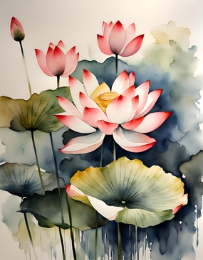 古风彩色水墨风格荷花绘画作品图片